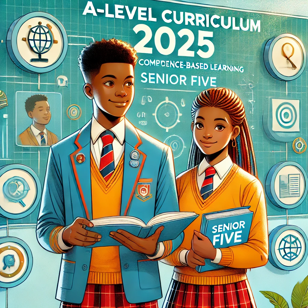 DALL·E 2025 01 29 00.25.47 A vibrant educational themed feature image featuring a high school boy and girl in uniforms typical of Uganda representing Senior Five students. They