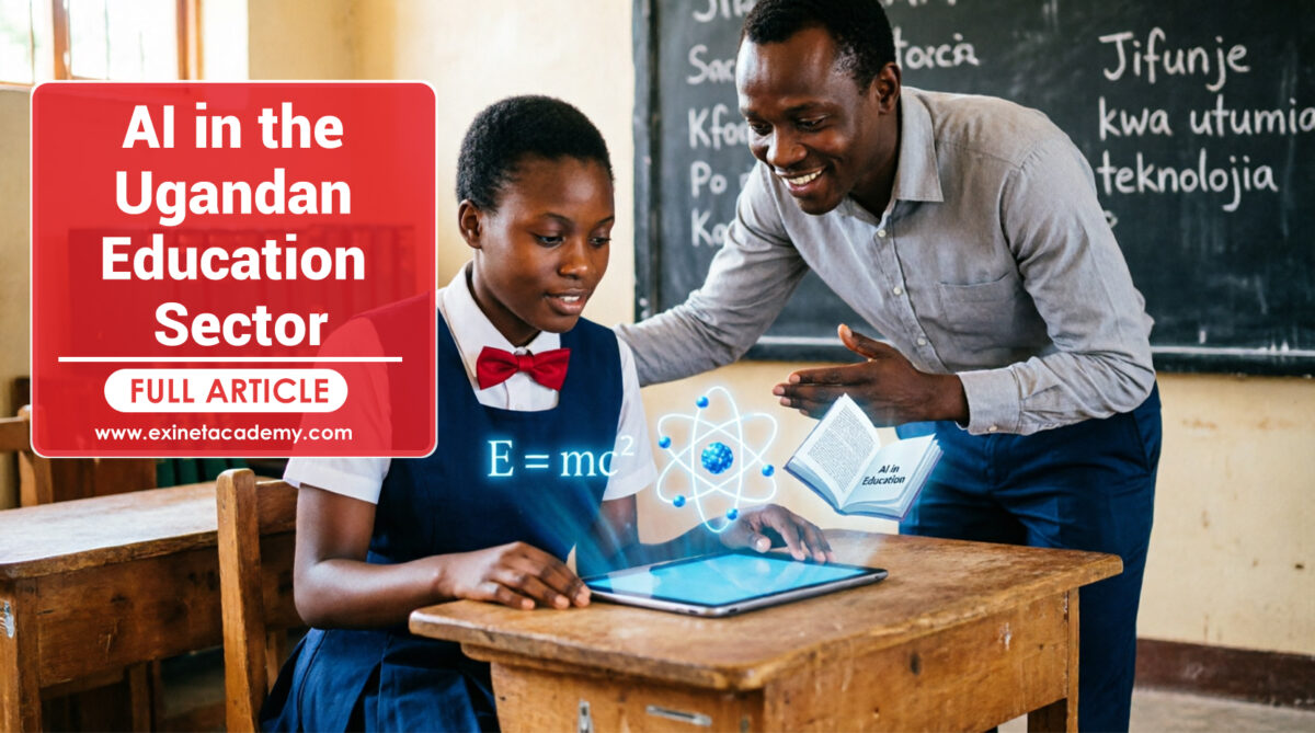 Ugandan student and teacher using AI technology on a laptop in a classroom