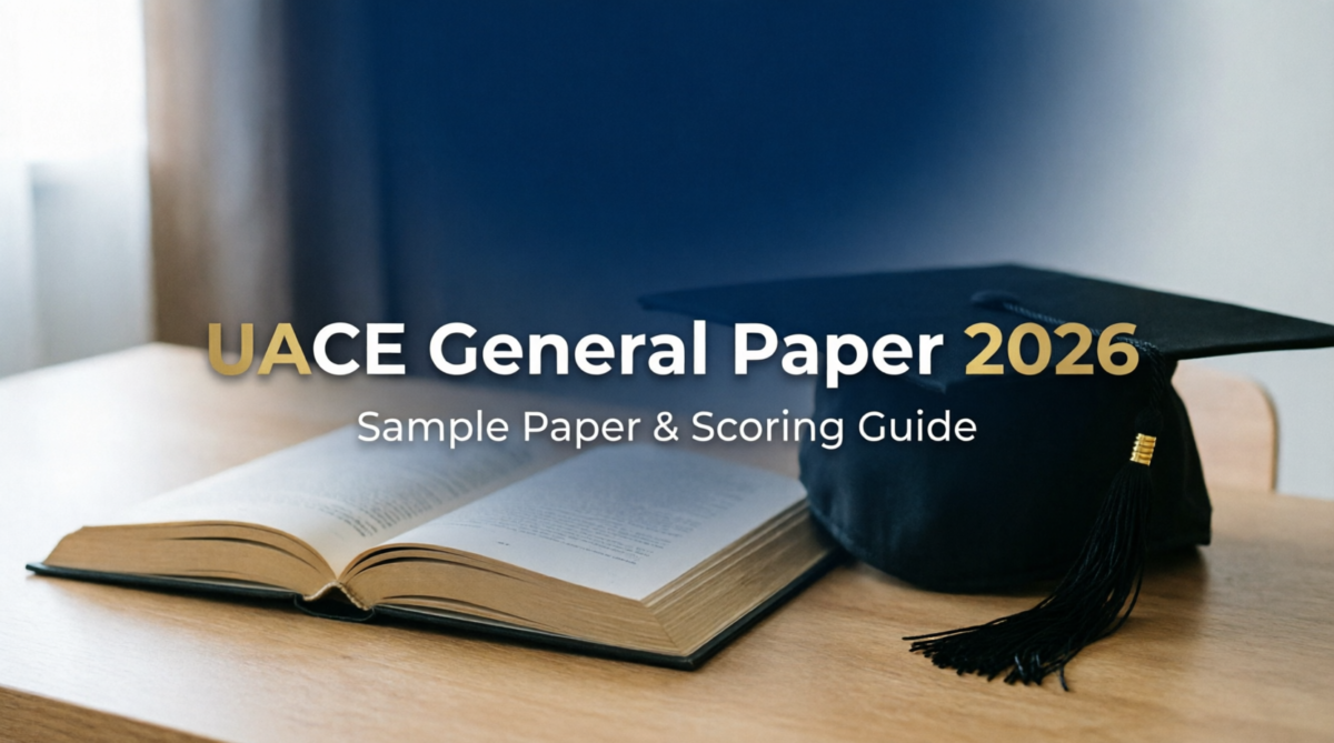 Premium featured image for UACE General Paper 2026 Sample Paper and Scoring Guide, showing an open book and graduation cap on a desk.
